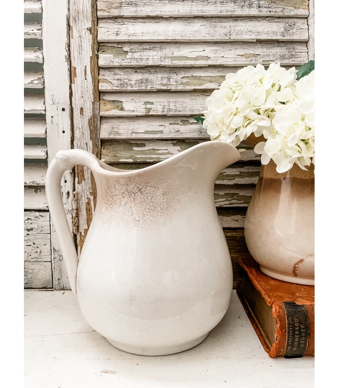 Antique Ironstone Lg. Milk/Water Pitcher - Beautiful Staining, Crazed - 9